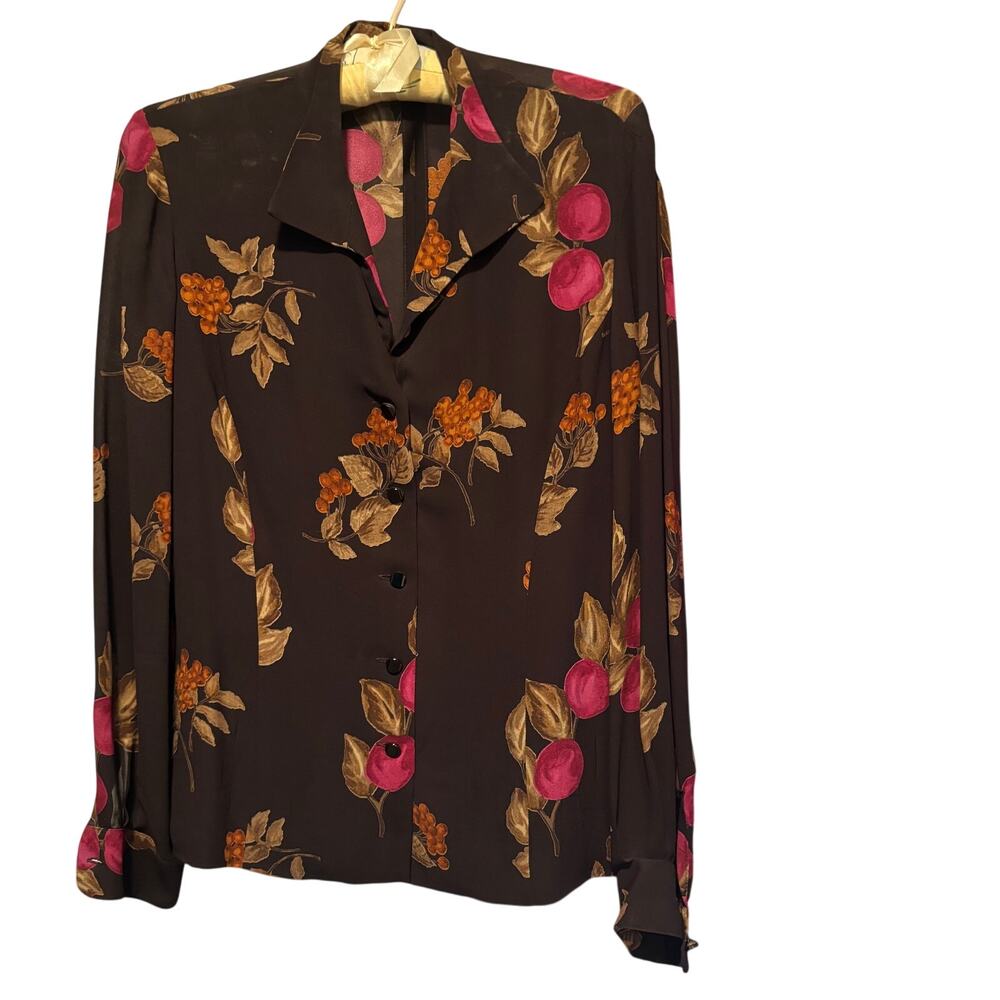 Dana Buchman Vintage Brown Floral Front Button Long Sleeve Rayon Top Sz 6